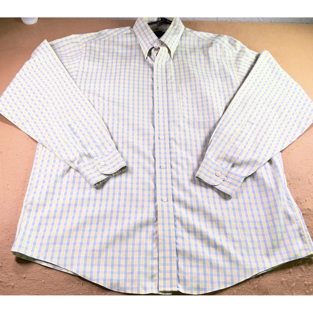 Brooks Brothers Mens L Non-Iron Cotton Gingham Check Button Dn Shirt Blue Yellow
